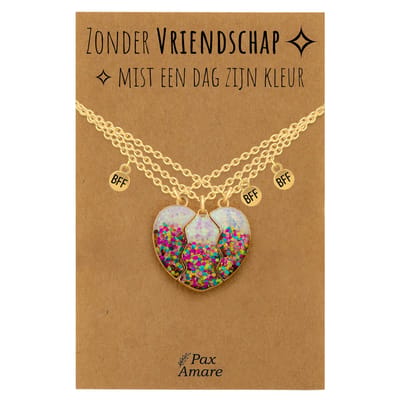 BFF Ketting voor 3 'Zonder Vriendschap mist een dag zijn kleur' - Magnetisch Glitter Hartje - Vriendschapsketting op Cadeau Kaartje - 45cm + 5cm verstelbaar - Goudkleurig - Best Friends Hanger - Pax Amare