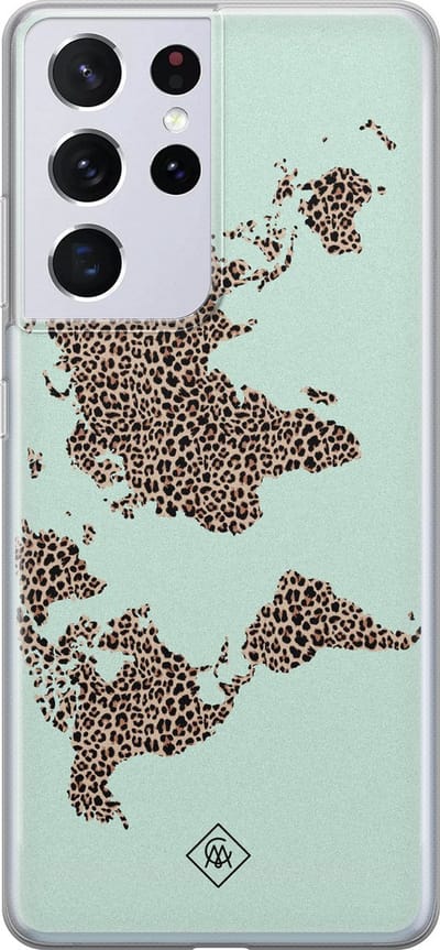 Casimoda® hoesje - Geschikt voor Samsung S21 Ultra - Wereldkaart blauw luipaard - Backcover - Siliconen/TPU - Blauw