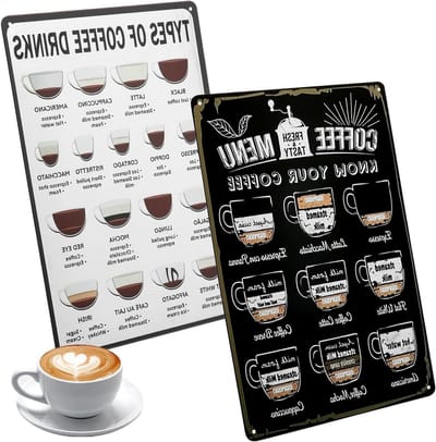 20 x 30 cm koffie accessoires set, 2-delige barista tools, ijzeren koffie gids met 25 specialiteiten, filterhouder voor espresso en koffie keuken decoratie