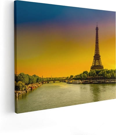 Artaza Canvas Schilderij Eiffeltoren - 100x80 cm - Groot - Wanddecoratie Parijs - Muurdecoratie Zonsondergang - Decoratie Skyline