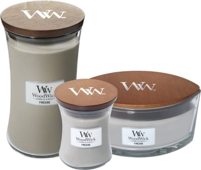 Woodwick geurkaarsen Fireside - Set van 1x Medium 1x Large 1x Ellipse - Afmetingen: B:9,8 x H: 11,43 cm - Aantal branduren: ± tot 60h - Materiaal: glas, hout