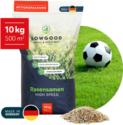 Sowgood Graszaad Speel- en sportgazon - 10 kg voor 500 m² - Snelle kieming en vestiging - IJzersterke en volle grasmat - Betrouwbare kwaliteit uit Duitsland