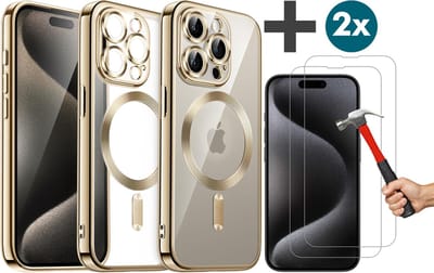Hoesje met 2 Stuks Screenprotectors Geschikt voor iphone 15 Pro Max Hoesje - Geschikt voor MagSafe - Arara siliconen Backcover - Goud