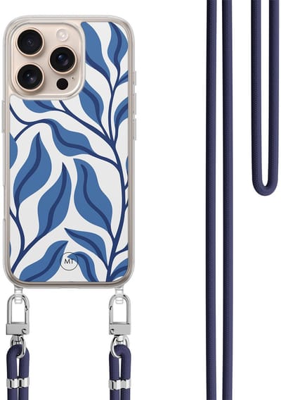 Hoesje met koord geschikt voor iPhone 16 Pro Max - Blue leaves - Inclusief zwart koord - Crossbody beschermhoes - Transparant, Blauw - Mooie Telefoonhoesjes