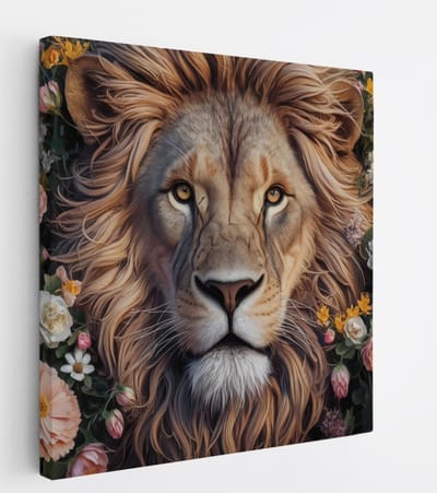 Saammp Canvas Schilderij - Abstracte Leeuw tussen de bloemen - Dieren - Natuur - 20x20 - Foto op canvas - Wanddecoratie - Muurdecoratie Woonkamer - Slaapkamer decoratie - Canvas Print