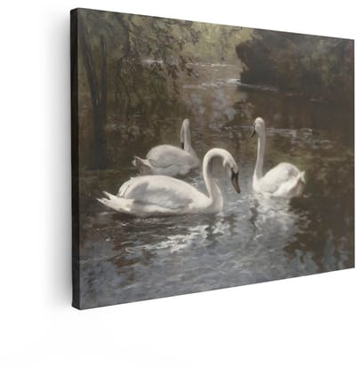 Artaza Canvas Schilderij Zwanen - 120x90 cm - Wanddecoratie Vogels - Muurdecoratie Natuur - Schilderijen Bos - Wit