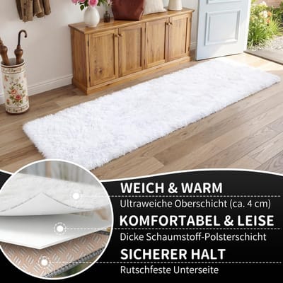 Dailygoods - Hoogpolig woonkamertapijt, shaggy halloper, modern, wollig, zacht, groot vloerkleed, woonkamerdecoratie, slaapkamer, kinderkamer (80 x 150 cm, puur wit)