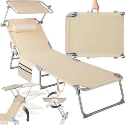 tectake® Ligbed met Zonnescherm - Zonnestoel - Ligstoel - 4 standen- Inklapbaar- Beige - 68 x 190 - Met Zijvak en Hoofdkussen