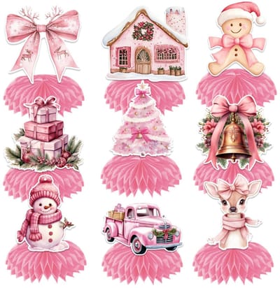Dailygoods- Tafellopers Set van 9 - Kerstdecoratie - Honingraatpatroon - Tafeldecoratie - Roze - Eenvoudige montage