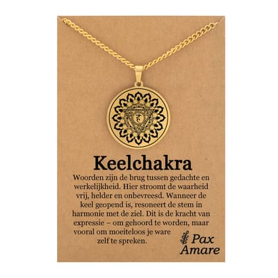 Keel Chakra (Vishuddha) Ketting op Cadeau Kaartje - Goudkleurig Talisman - Roestvrij Staal - Spiritueel Cadeau - Pax Amare