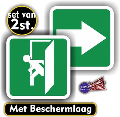 Jerma - Nooddeur - Richting verwijzing - Sticker - Set - 2 st - 10x10 cm - Zelfklevend - Weerbestendig