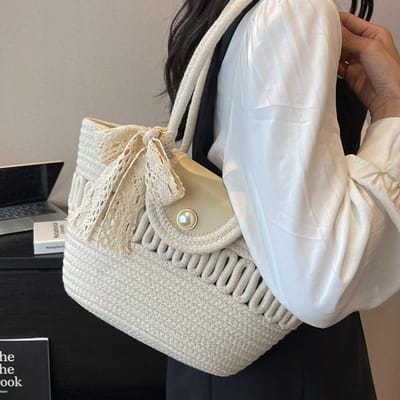 Populaire Franse Stro Geweven Tas Handgemaakte Geweven Tas Strandtas Niche Retro Pastorale Stijl Handtas white