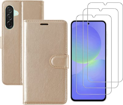 Hoesje geschikt voor Samsung Galaxy A36 bookcase Goud - Met screenprotector tempered glass Galaxy A36 - 3x