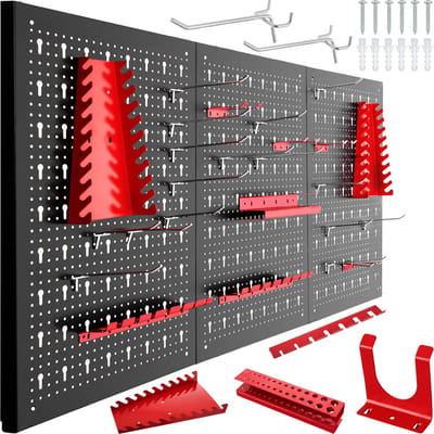 tectake® 3-delige Gereedschapswand van Metaal - 120 x 60 x 2 cm - Geperforeerde Plaat - Inclusief Gereedschapshouderset met Haken - Wandreksysteem voor Werkbank, Garage, Werkplaatsinrichting - Pegboard - 3 Uitbreidbare Platen