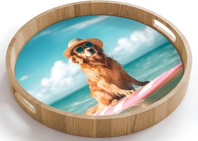 Dienblad rond 40x40 cm - Schootdienblad hout - Zeewater - Hond - Golden retriever - Zonnebril - Borrelplank rechthoek - Plateau houten dienbladen