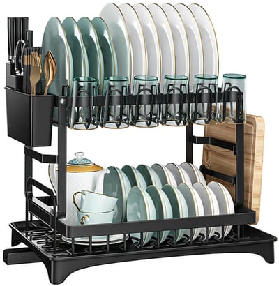 Keukenafdruiprek - Met lekbak - Dubbellaags afwasrek - Opbergrek voor borden en servies - Organizer voor kommen en eetstokjes - Koolstofstaal - Afdroogrek - 42 x 29 x 30 cm - Inclusief bekerhouder + eetstokjeshouder + snijplankhouder - Zwart