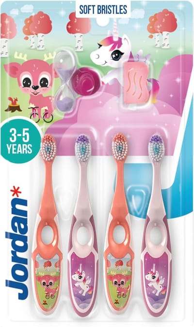Zachte Kinder Tandenborstel voor 3 tot 5 Jaar - Ergonomisch en BPA-vrij, Dubbele Handgreep, Roze en Geel, Pack van 4