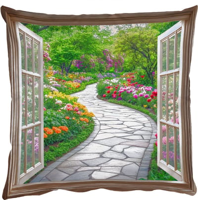 Sierkussens - Kussentjes Woonkamer - 50x50 cm - Doorkijk - Bloemen - Tuinpad - Natuur - Raam