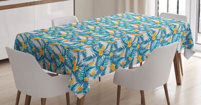 ABAKUHAUS Tropisch Tafelkleed – Exotische Bladeren en Bloemen – 140×240 cm – Satijnmix, Blauw/Geel/Ivoor