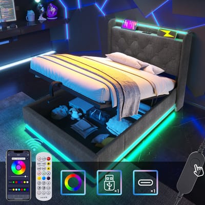 Gestoffeerd eenpersoonsbed, 360° LED-verlichting, bediening via drukknop/app/afstandsbediening, 90*200 cm, grijs linnen, hydraulisch opbergbed, gewatteerd hoofdeinde met USB Type-C oplaadfunctie (matras niet inbegrepen)