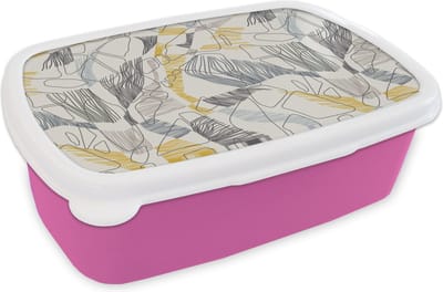 Broodtrommel Roze - Lunchbox - Brooddoos - Line Art - Jungle - Patronen - Goud - 18x12x6 cm - Kinderen - Meisje