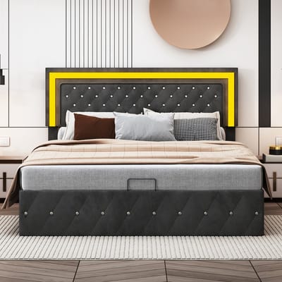 Velvet Opbergbed 160x200 met LED Hoofdbord – Gestoffeerd Tweepersoonsbed – Zwart