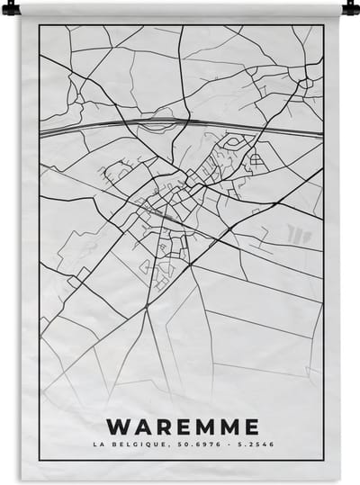 Wandkleed - Wanddoek - Zwart Wit – België – Plattegrond – Stadskaart – Kaart – Waremme - 120x180 cm - Wandtapijt