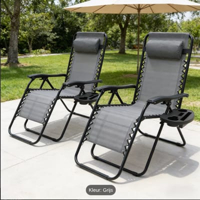 2 stuks Strand Loungestoelen, Loungestoelen met Verstelbare Rugleuningen, Tuin Vakantie Loungestoelen met Drankhouders