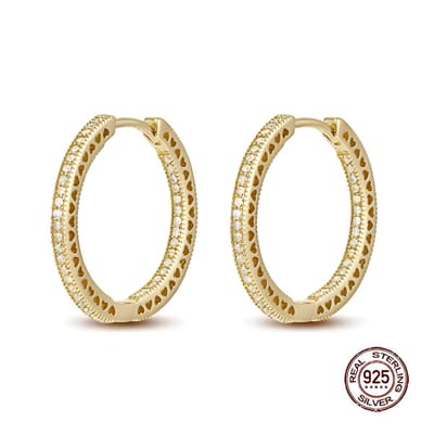 Oorbellen - 925 sterling zilver - goudkleurig - oorring - zirkonia - 25 mm