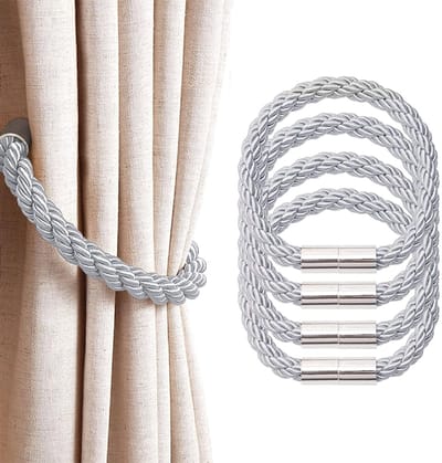 Set van 4 - Gordijnbinders - Sterke magnetische gordijnbinders - Gordijnringen - Gordijngespen - Minimalistische stijl - Gevlochten koord - Gordijnaccessoires - Geschikt voor gordijnen van verschillende diktes, voor thuis en op kantoor - 48cm - Grijs