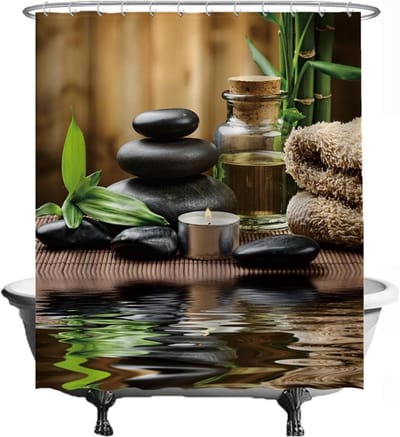 SnelShoppen - Douchegordijn Zen Spa Meditatie Natuur - 180x200 cm - Wasbaar - Anti Schimmel - Inclusief 12 Ringen - Groen Beige Zwart - Badkamer Decor