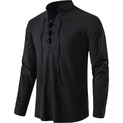 Chemise Homme Printemps Lacets Col Montant Couleur Unie Manches Longues Rétro Décontracté Style Plage Pull Mi-Longueur Quotidien T XL noir
