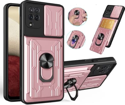 Hoesje Geschikt Voor Samsung Galaxy A12 hoesje met Ring houder - camera lens protector en pashouder – Rosegoud