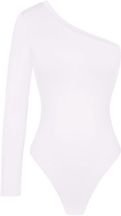 Minimalistische Polyester Vrouwen Een-schouder Bodysuit - Wit - Maat S