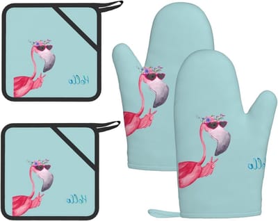 Hello Glasses Flamingo Printed Heat Resistant Gloves And Pad Silicone Oven Gloves