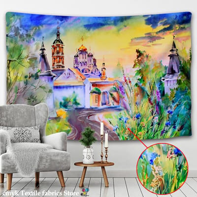 Tapisserie Murale Château de Conte de Fées Dessin Animé Peinture à l'Huile Murale Bohème Hippie Psychédélique Matelas Décoration Maison Vie 95x70CM yellow