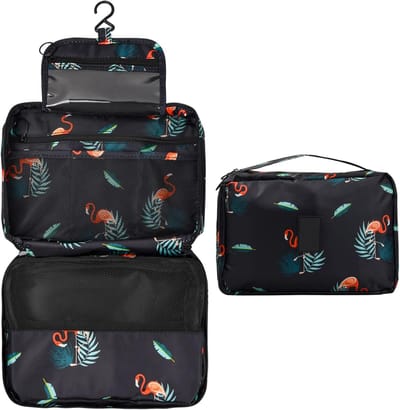 Famanu - Toilettas voor dames en heren, 25,5 x 17 x 8,5 cm, om op te hangen, compact, met 4 vakken, waterdichte toilettas, voor op reis, opvouwbare make-uptas, groot, voor meisjes, make-up, D, mode