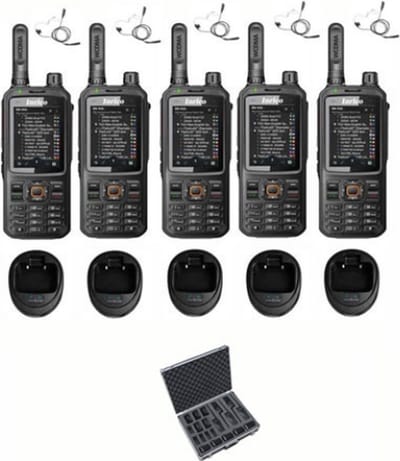 Set van 5 Inrico T320 V2 4G LTE Zello Portofoon, GPS, Wifi tafellader beveiliging oortje en koffer