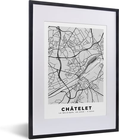 Fotolijst incl. Poster Zwart Wit- België – Châtelet – Stadskaart – Kaart – Zwart Wit – Plattegrond - 30x40 cm - Posterlijst
