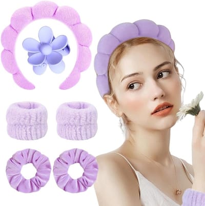 Make-up Haarband voor Vrouwen met Spons, Fleece Polsbanden en Haaraccessoires voor Schoonheidsverzorging en Douchen in Paars