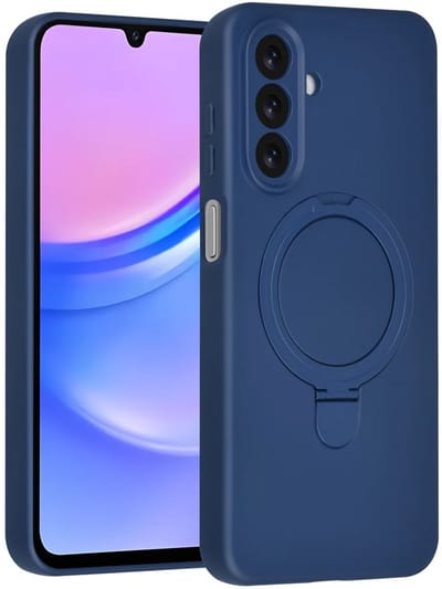 Backcover Hoesje Geschikt voor: Samsung Galaxy A15 Volledig Dekkende Schokbestendige Siliconen Backcover met Ringstandaard – 360° Bescherming - Navy Blue