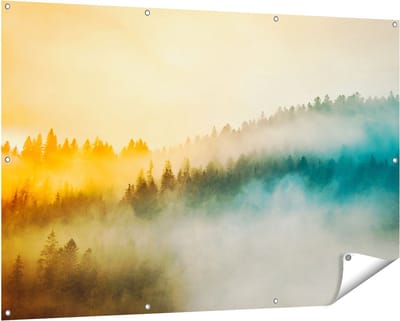 Gards Tuinposter Kleurrijke Zonsopgang in het Bos met Mist - 150x100 cm - Tuindoek - Tuindecoratie - Wanddecoratie buiten - Tuinschilderij