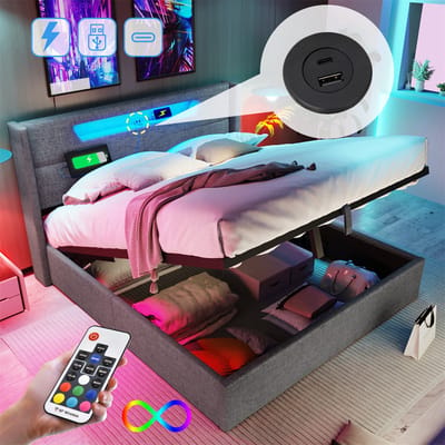 YEHTOKHOME Linnen Gestoffeerd bed 140 x 200 cm, tweepersoonsbed met opbergruimte, LED-verlichting, USB type C-oplaadfunctie, hydraulische hendel, opbergbedframe, zonder matras, grijs