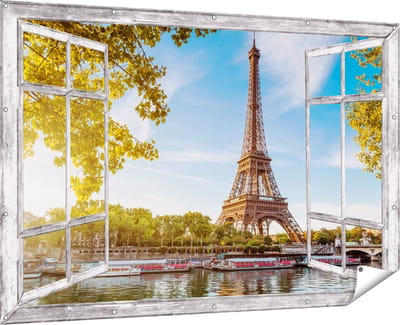 Gards Tuinposter Doorkijk Eiffeltoren in Parijs aan het Water - 180x120 cm - Tuindoek - Tuindecoratie - Wanddecoratie buiten - Tuinschilderij