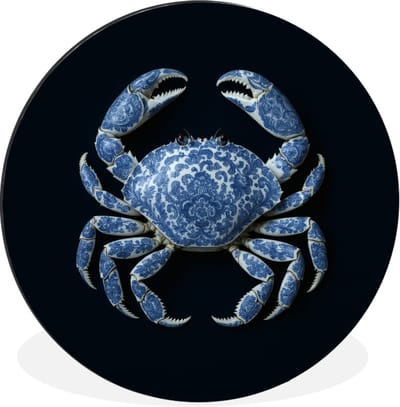 WallCircle - Wandcirkel - Muurcirkel - Krab - Delfts blauw - Dieren - Aluminium - Dibond - 30x30 cm - Binnen en Buiten