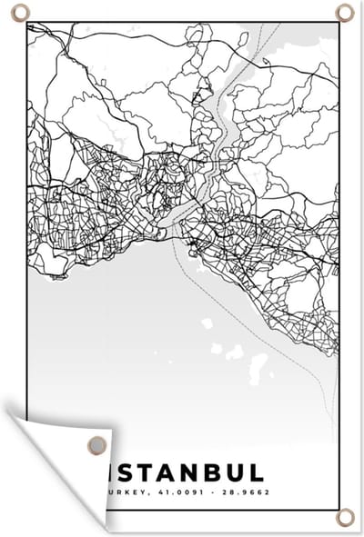 Muurdecoratie Istanbul - Plattegrond - Stadskaart - Zwart Wit - Kaart - 120x180 cm - Tuinposter - Tuindoek