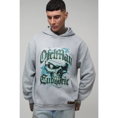 Lange Oversized Hoodie Met Gewassen Euphoric Doodskop Print | Grey | Size Small