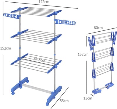 Opvouwbare Wasdroger Toren met Wielen 142x55x152cm Blauw Staal 3 Niveaus Zijvleugels 6 Zwivelwielen met Remmen