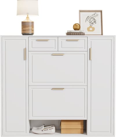 Moderne schoenenkast 120x24x107 cm - met verstelbare planken - gouden handvatten - 2 lades - klepdeur halmeubel - wit