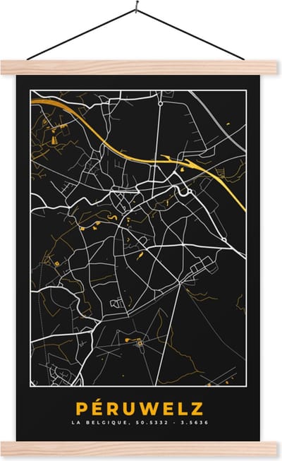 Posterhanger incl. Poster 40x60 cm - Schoolplaat - Plattegrond - Péruwelz - Stadskaart - Kaart - Textielposter - Blanke latten - Stadskaart